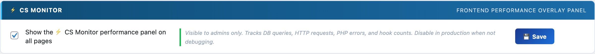 CS Monitor floating performance panel showing DB queries, hooks, HTTP calls, and PHP errors on every WordPress page