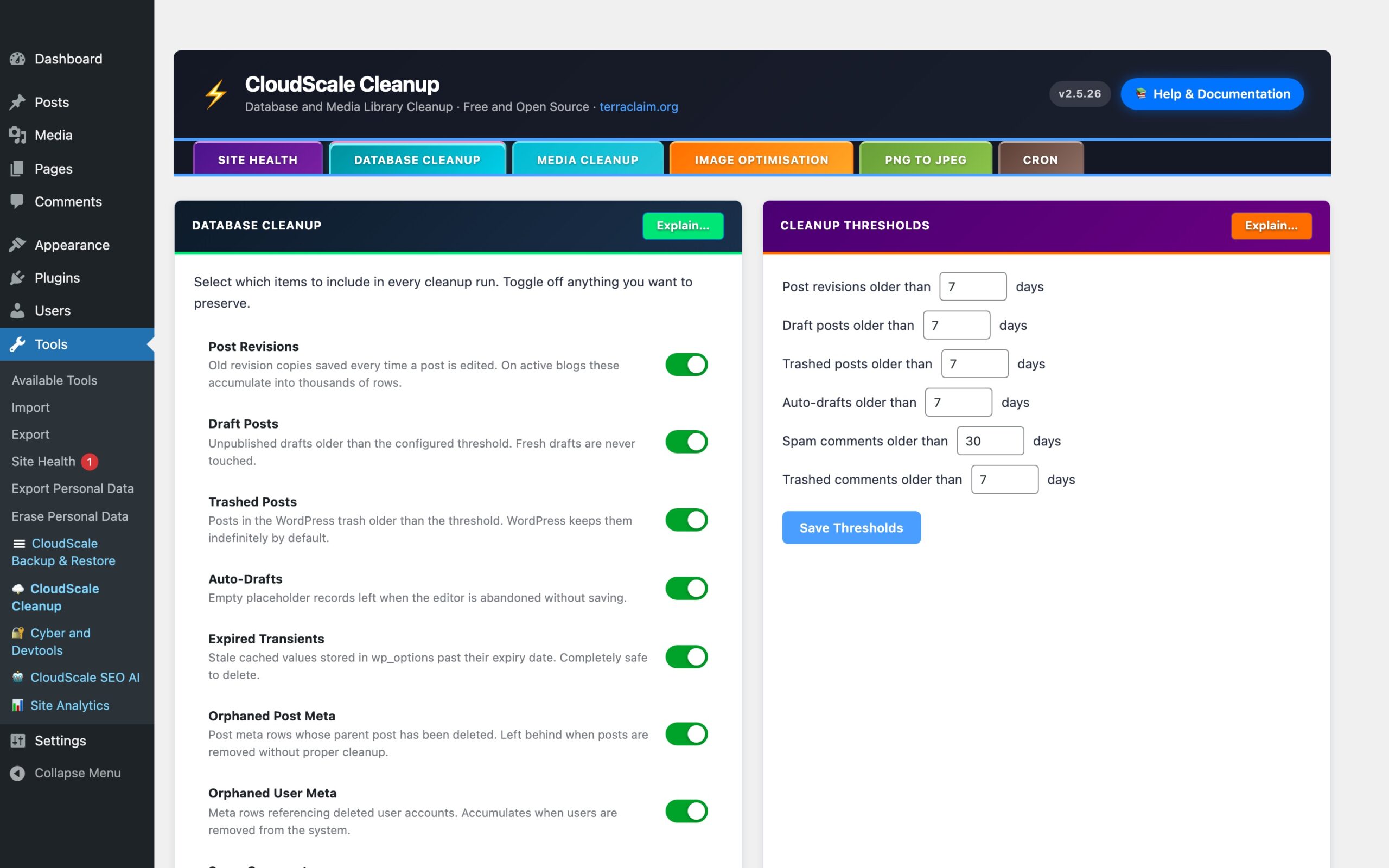CloudScale Cleanup — Free WordPress Database Cleaner, Image Optimizer & Cron Manager — Database Cleanup feature screenshot