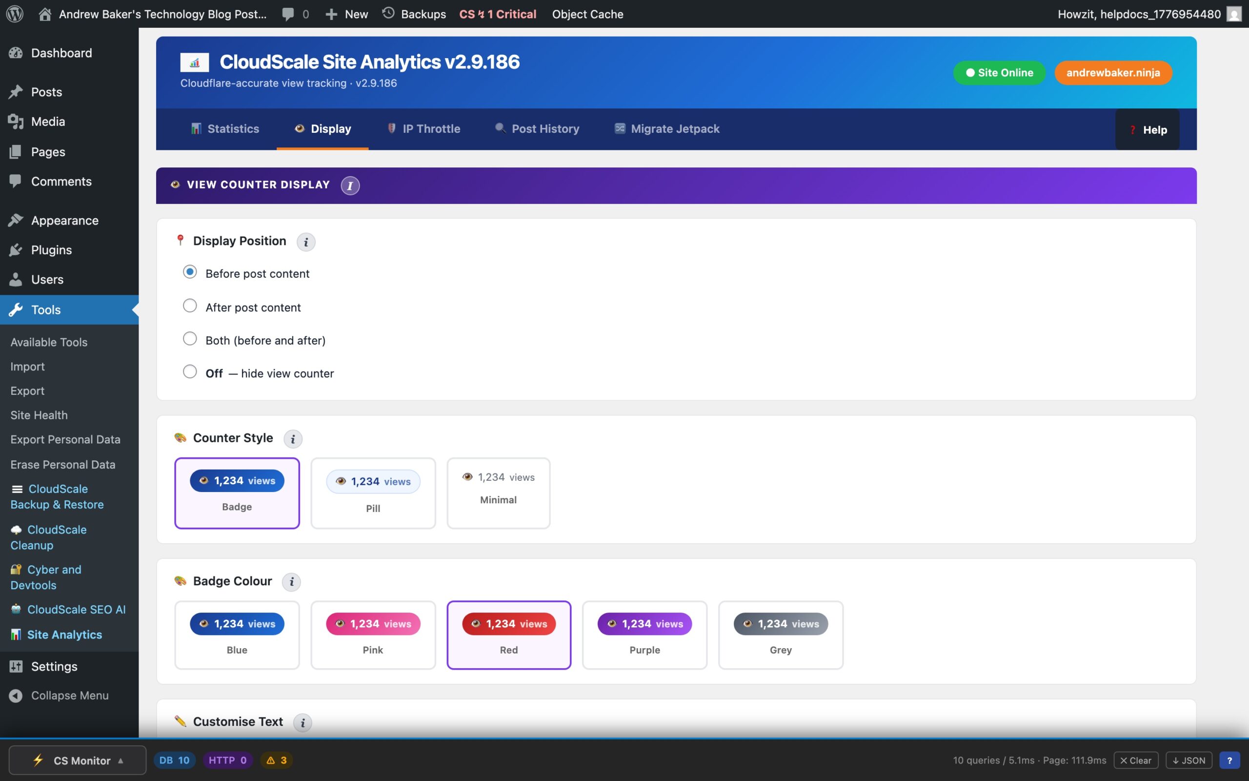 CloudScale Site Analytics — Free Privacy-First WordPress Analytics That Works Behind Cloudflare & Any CDN — Display Settings feature screenshot