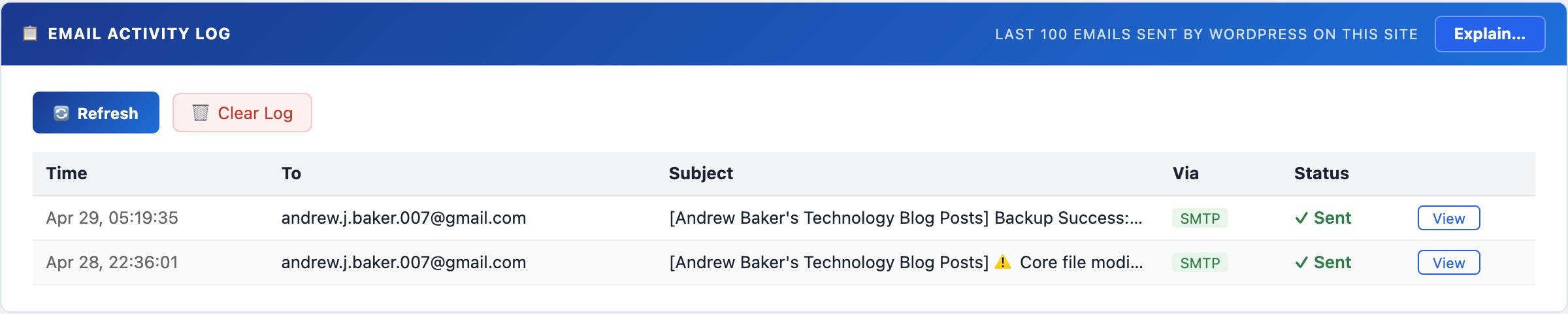 WordPress email activity log showing all sent emails with subject, recipient and delivery status in admin