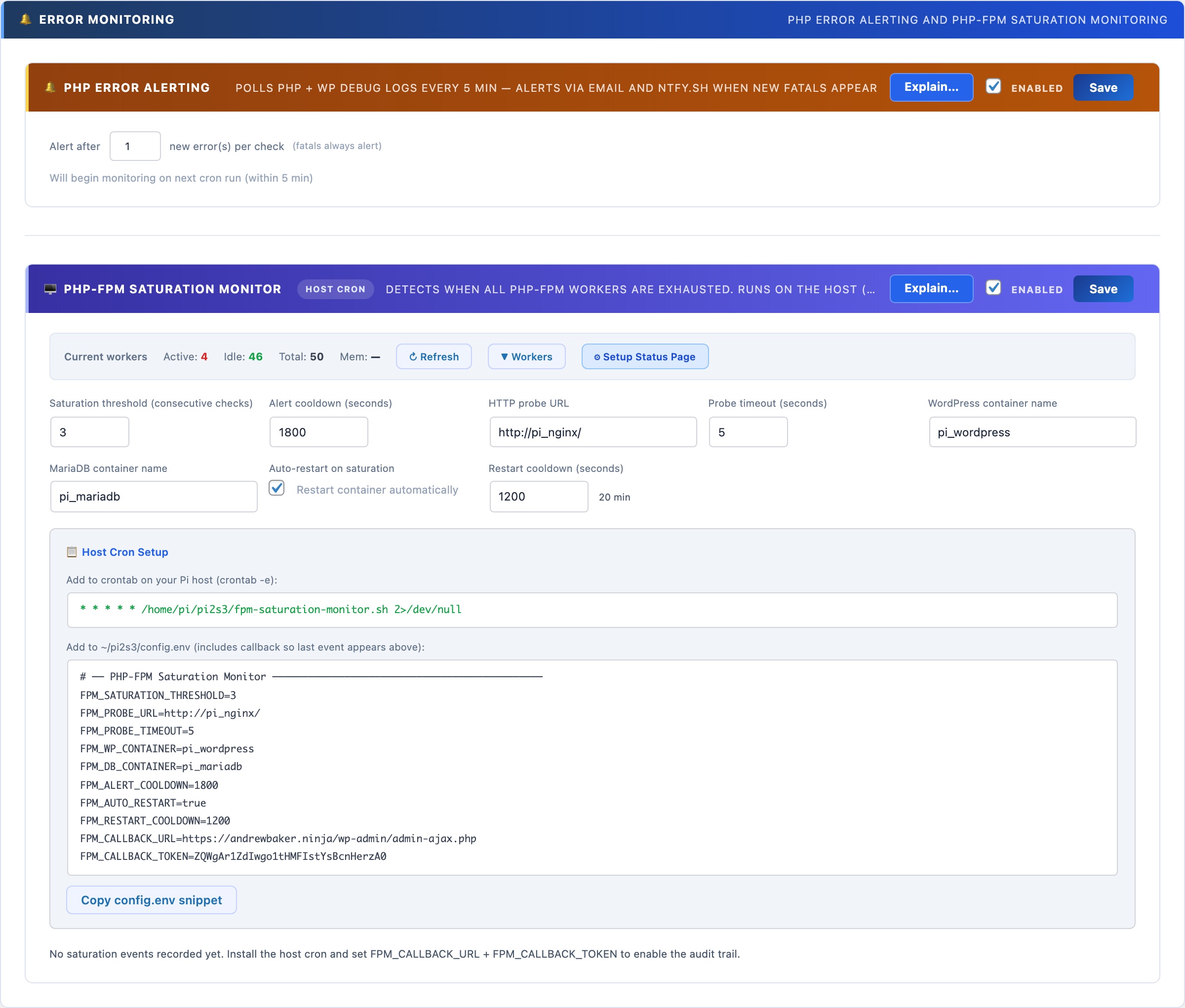 PHP-FPM saturation monitor showing live worker counts and memory usage with auto-restart and ntfy alerts