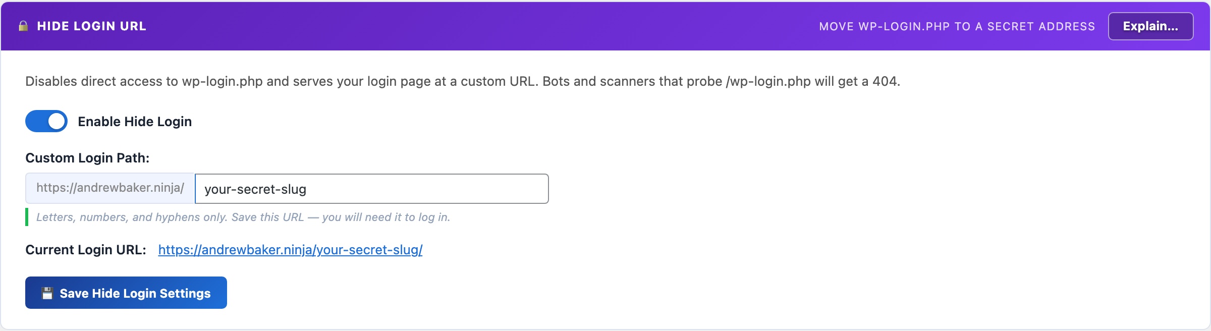 WordPress Hide Login URL settings — move wp-login.php to a secret URL to block bot attacks