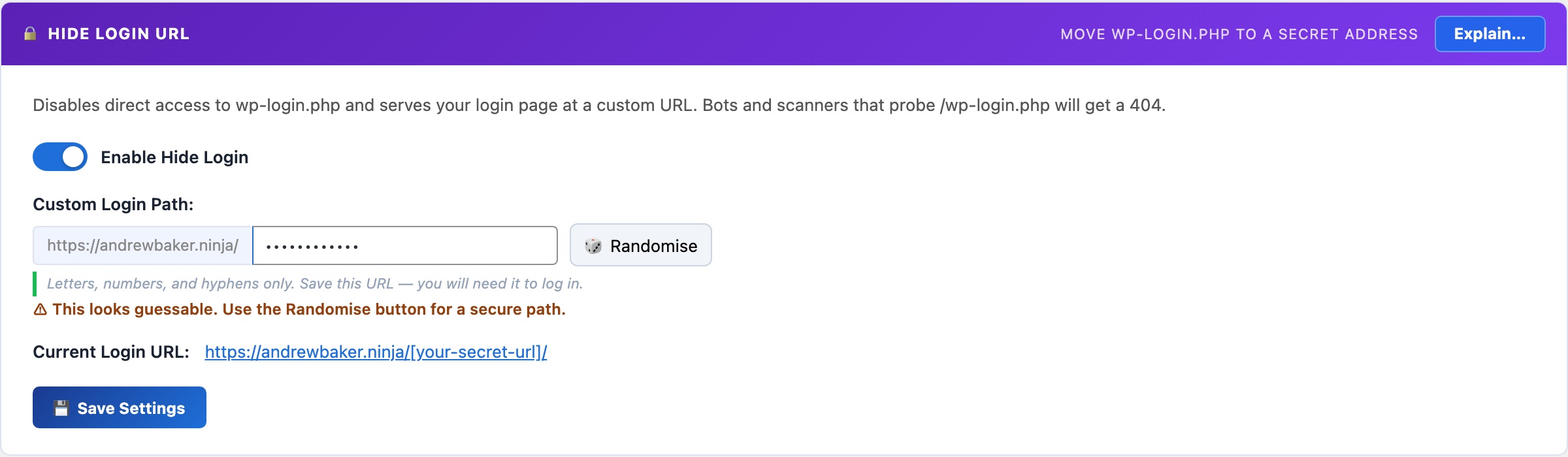 WordPress Hide Login URL settings panel - move wp-login.php to a secret URL to block automated bot attacks