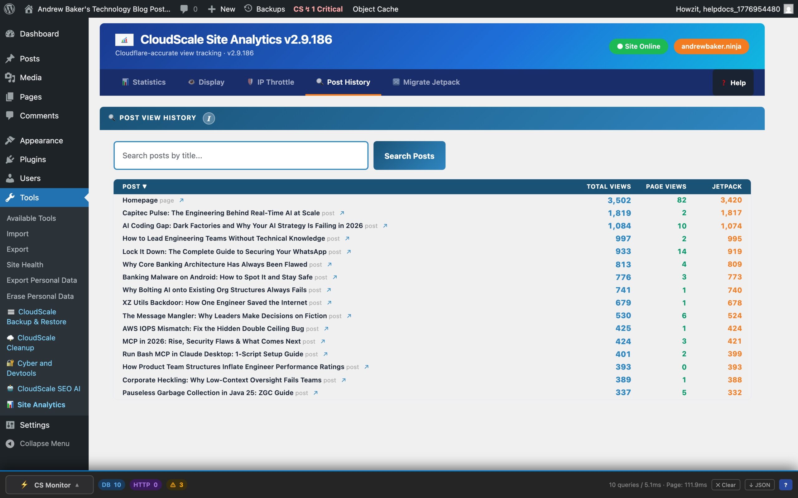 CloudScale Site Analytics — Free Privacy-First WordPress Analytics That Works Behind Cloudflare & Any CDN — Post History feature screenshot