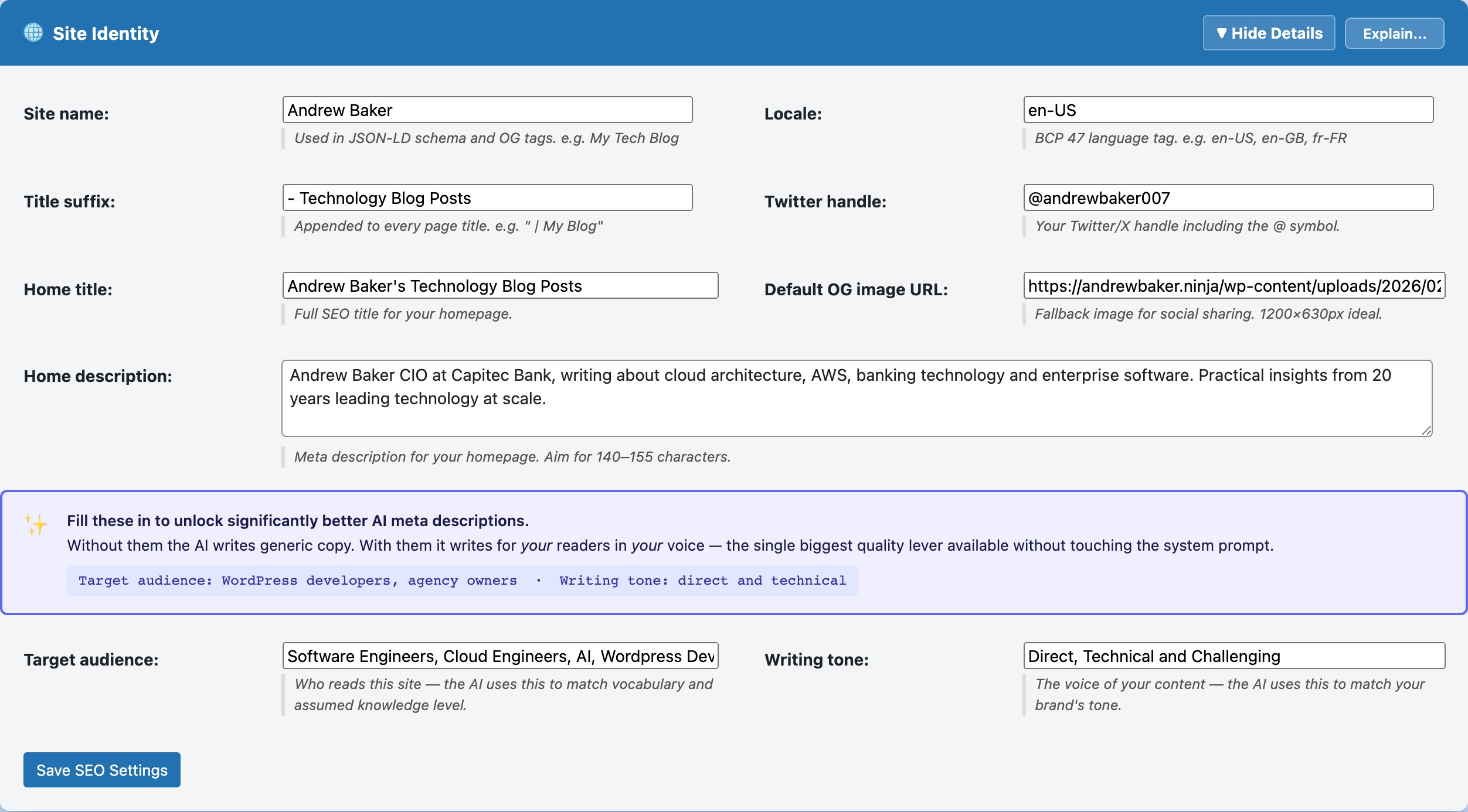 CloudScale SEO AI Optimizer — Site Identity & Schema feature screenshot