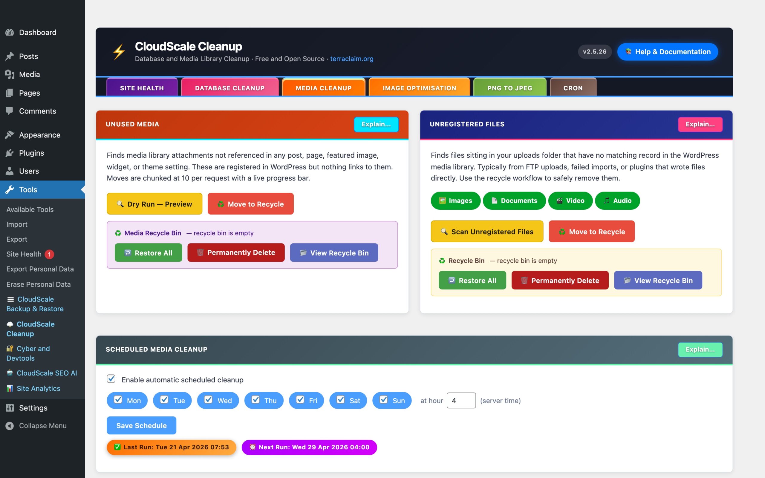 CloudScale Cleanup — Free WordPress Database Cleaner, Image Optimizer & Cron Manager — Media Library Cleanup feature screenshot