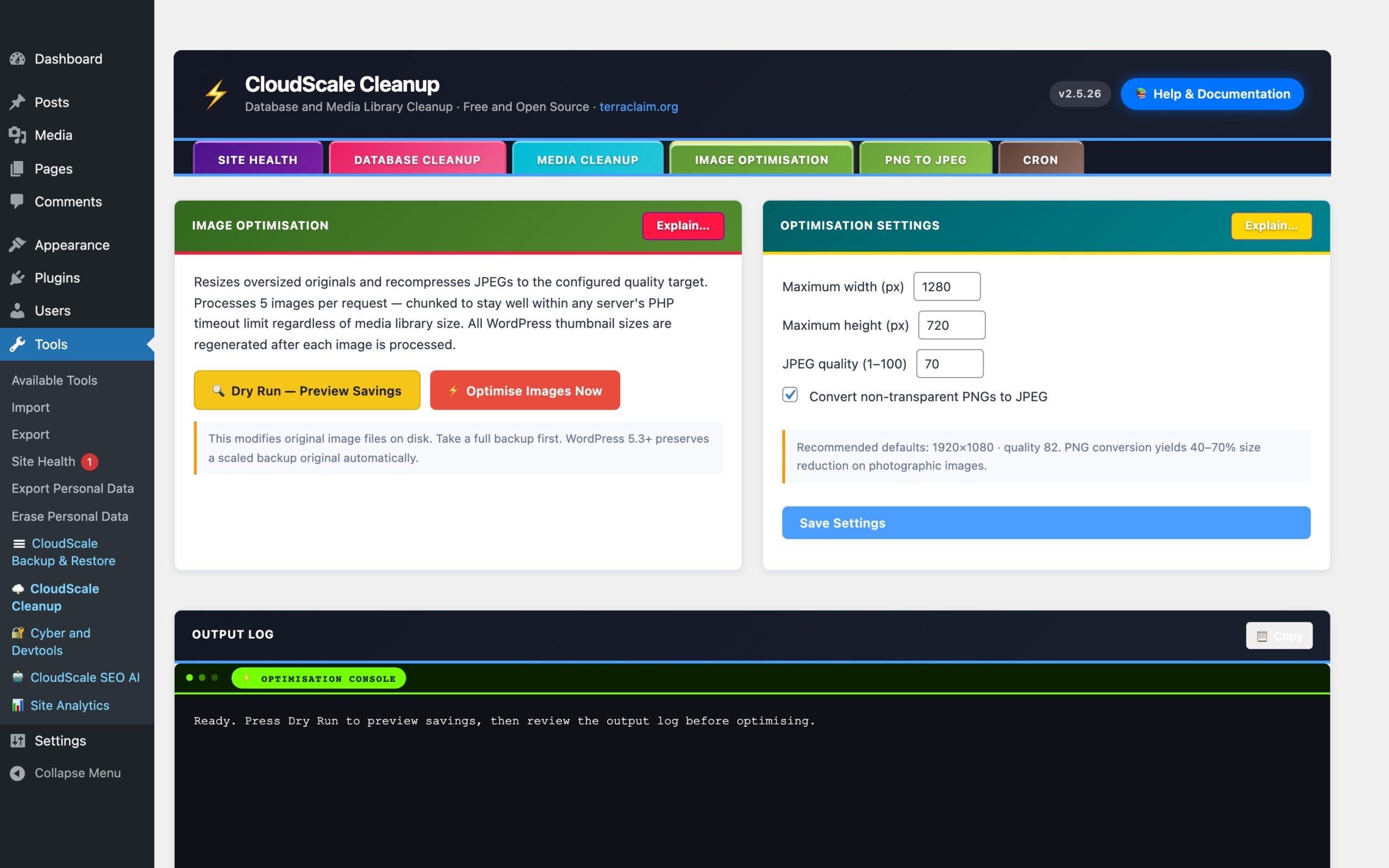 CloudScale Cleanup — Free WordPress Database Cleaner, Image Optimizer & Cron Manager — Image Optimisation feature screenshot