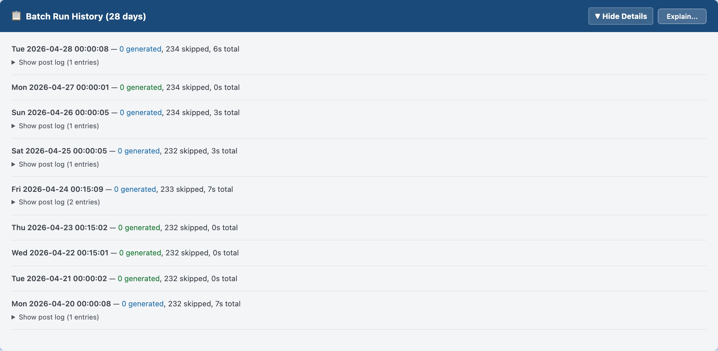 CloudScale SEO AI Optimizer — Last Run Log feature screenshot