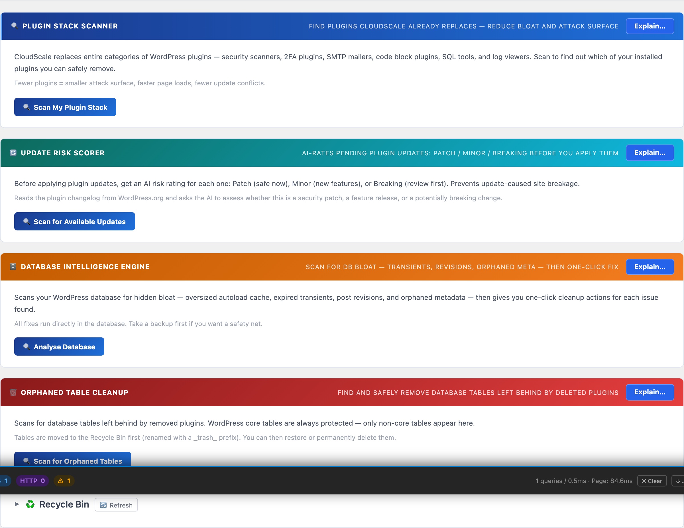 WordPress plugin stack scanner showing which plugins CloudScale replaces with AI debugging assistant