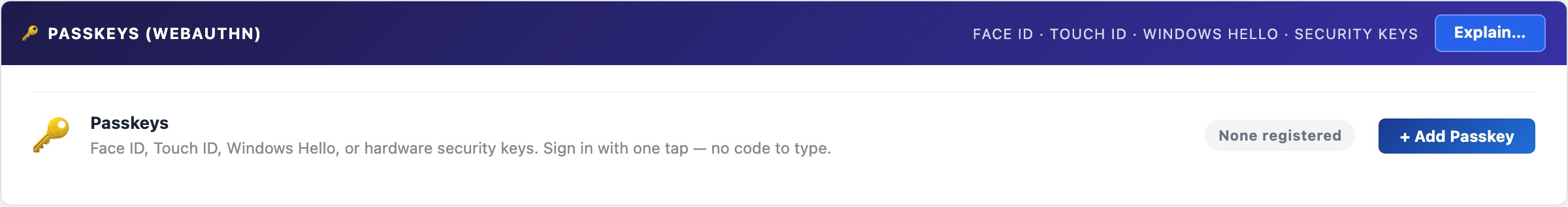WordPress passkeys WebAuthn registration supporting Face ID, Touch ID and hardware security key login