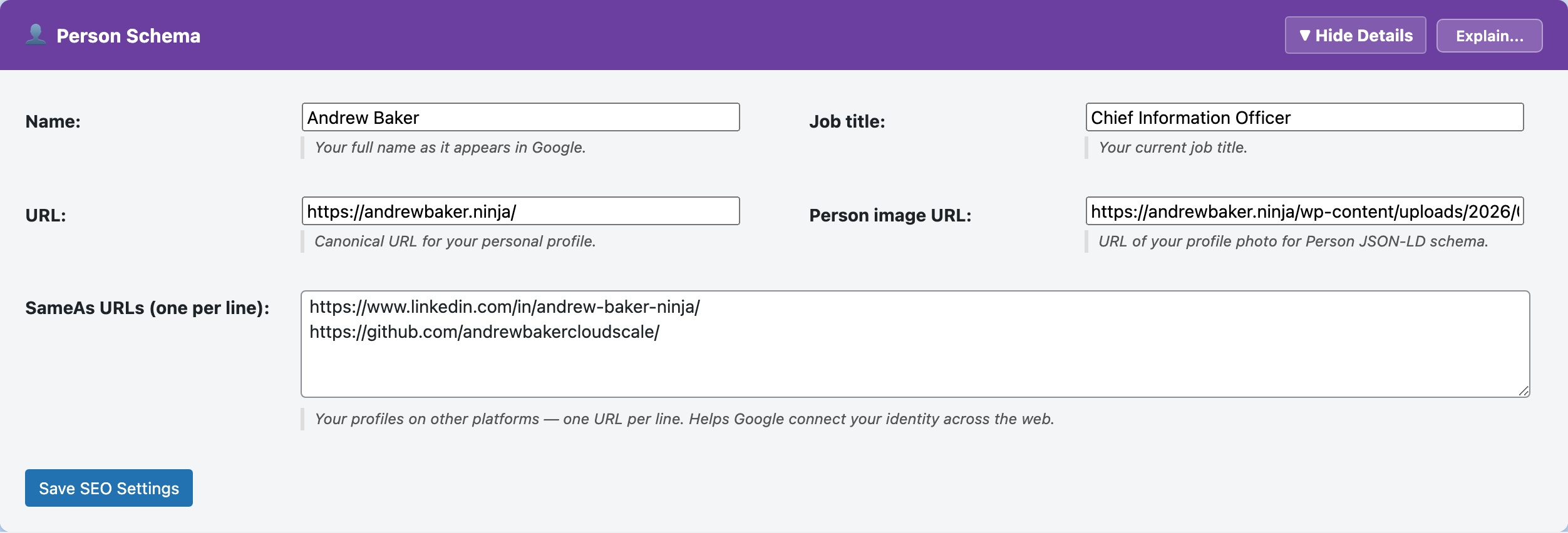 CloudScale SEO AI Optimizer — Person Schema feature screenshot