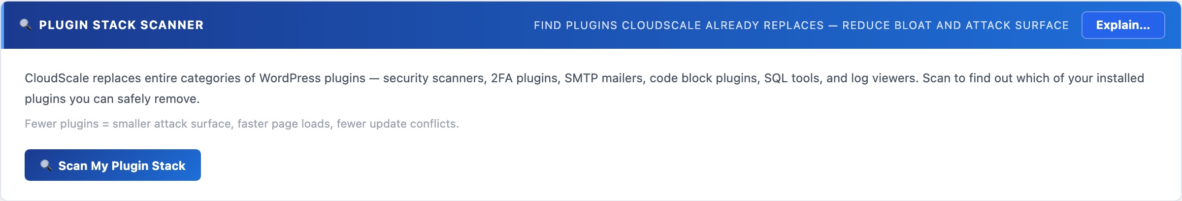 WordPress plugin stack scanner showing redundant plugins that CloudScale replaces with fewer attack surface
