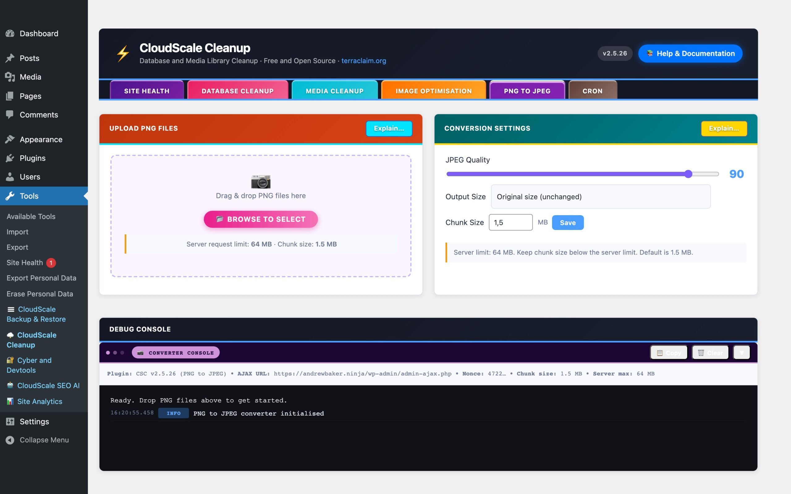 CloudScale Cleanup — Free WordPress Database Cleaner, Image Optimizer & Cron Manager — PNG to JPEG Converter feature screenshot
