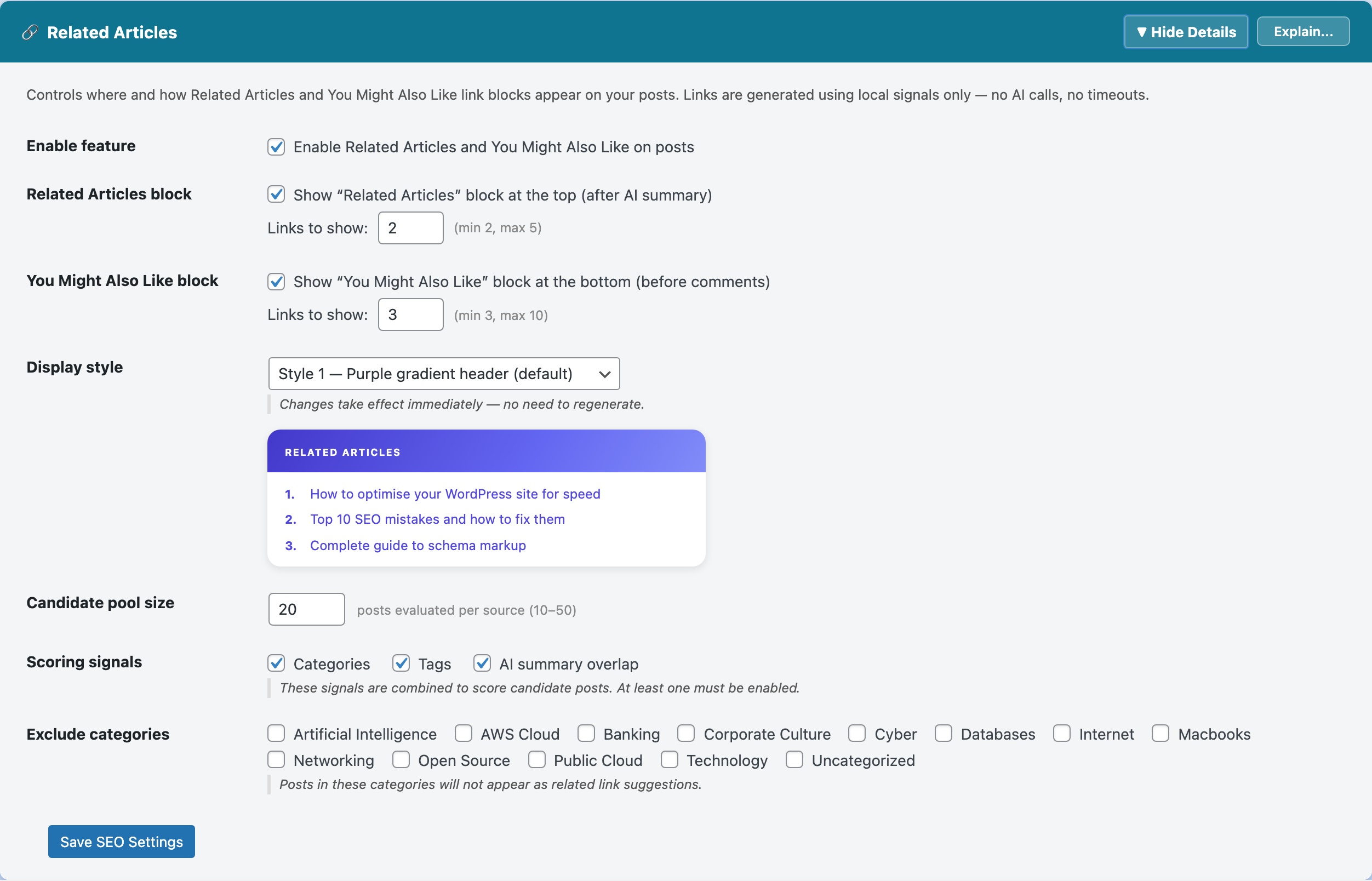CloudScale SEO AI Optimizer — Related Articles: Settings feature screenshot