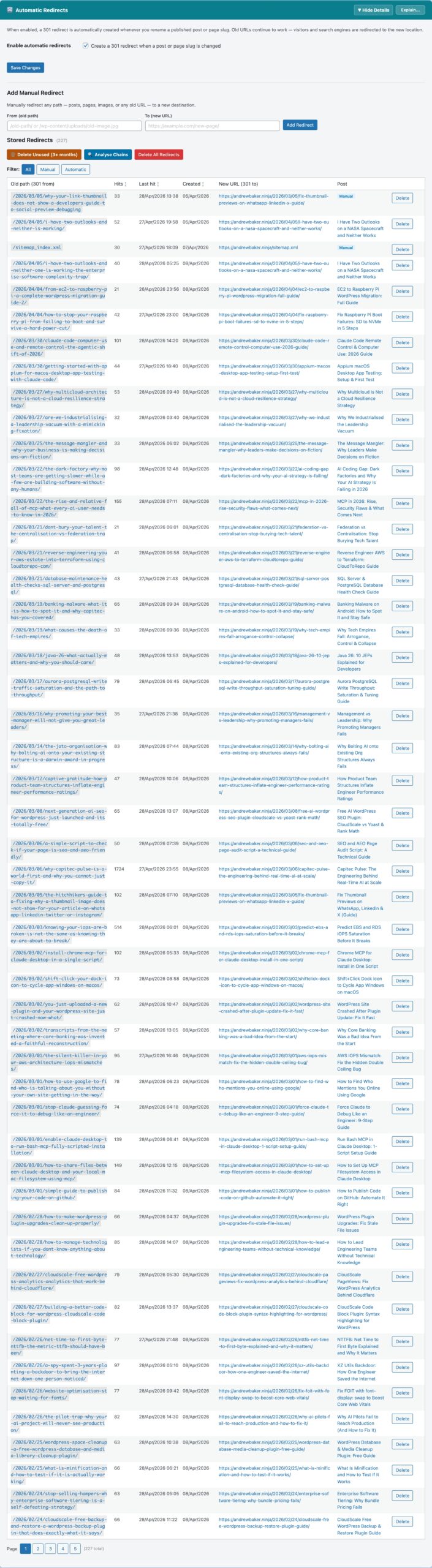 CloudScale SEO AI Optimizer — Automatic Redirects feature screenshot
