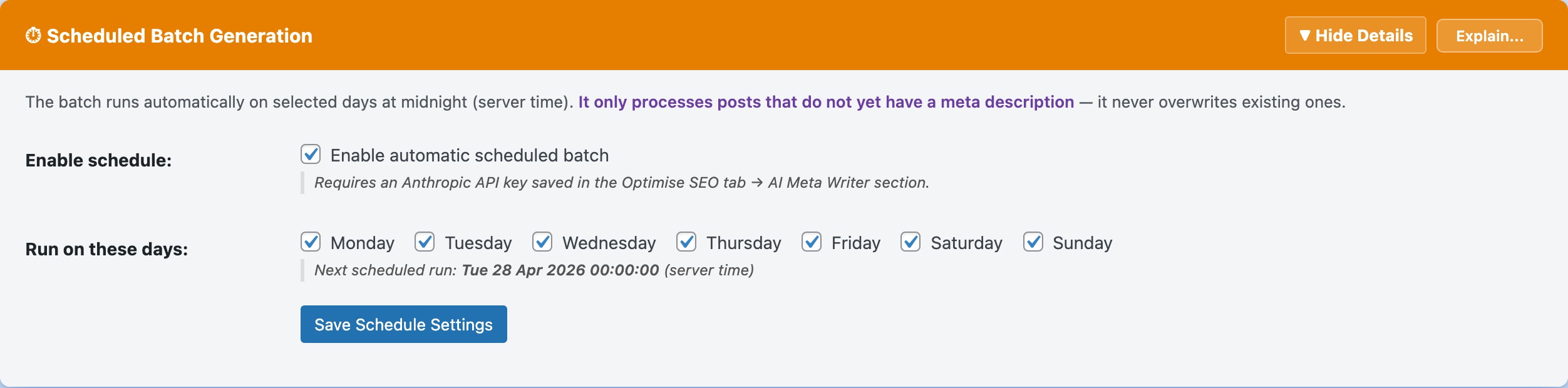 CloudScale SEO AI Optimizer — Batch Schedule feature screenshot