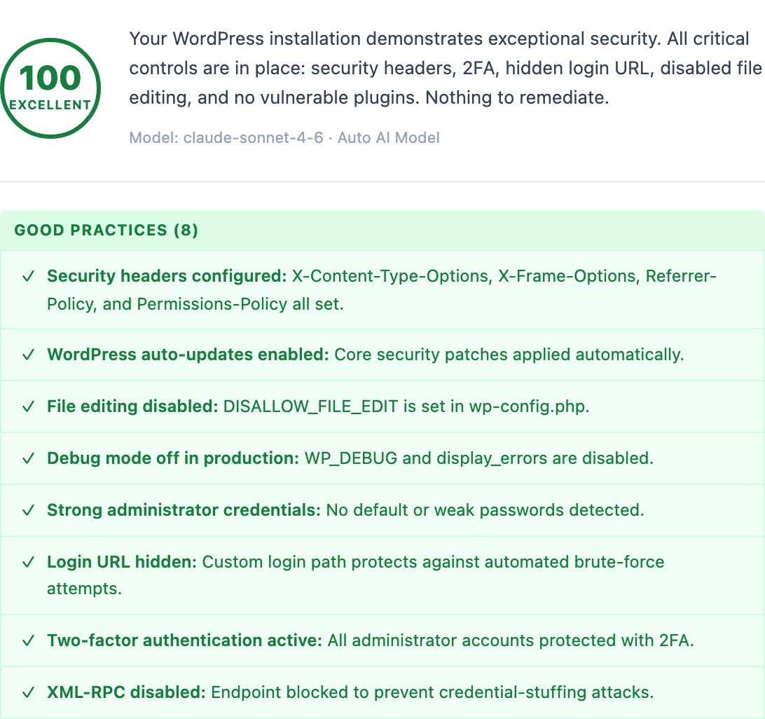 WordPress AI security audit showing a perfect score with Claude 4 and Gemini 2.5 Pro on a free security plugin