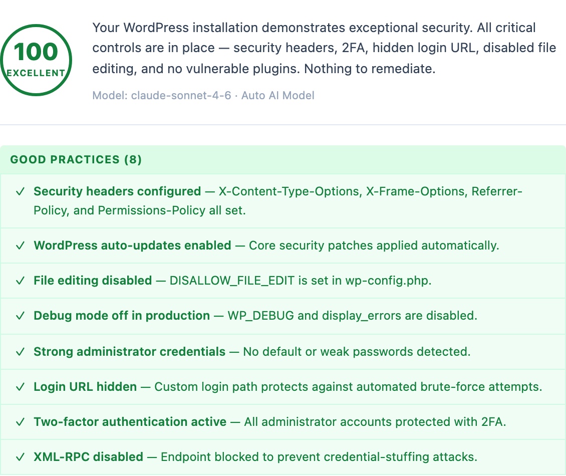 WordPress AI security audit result — score 100/100 with Claude 4 and Gemini 2.5 Pro, free security plugin