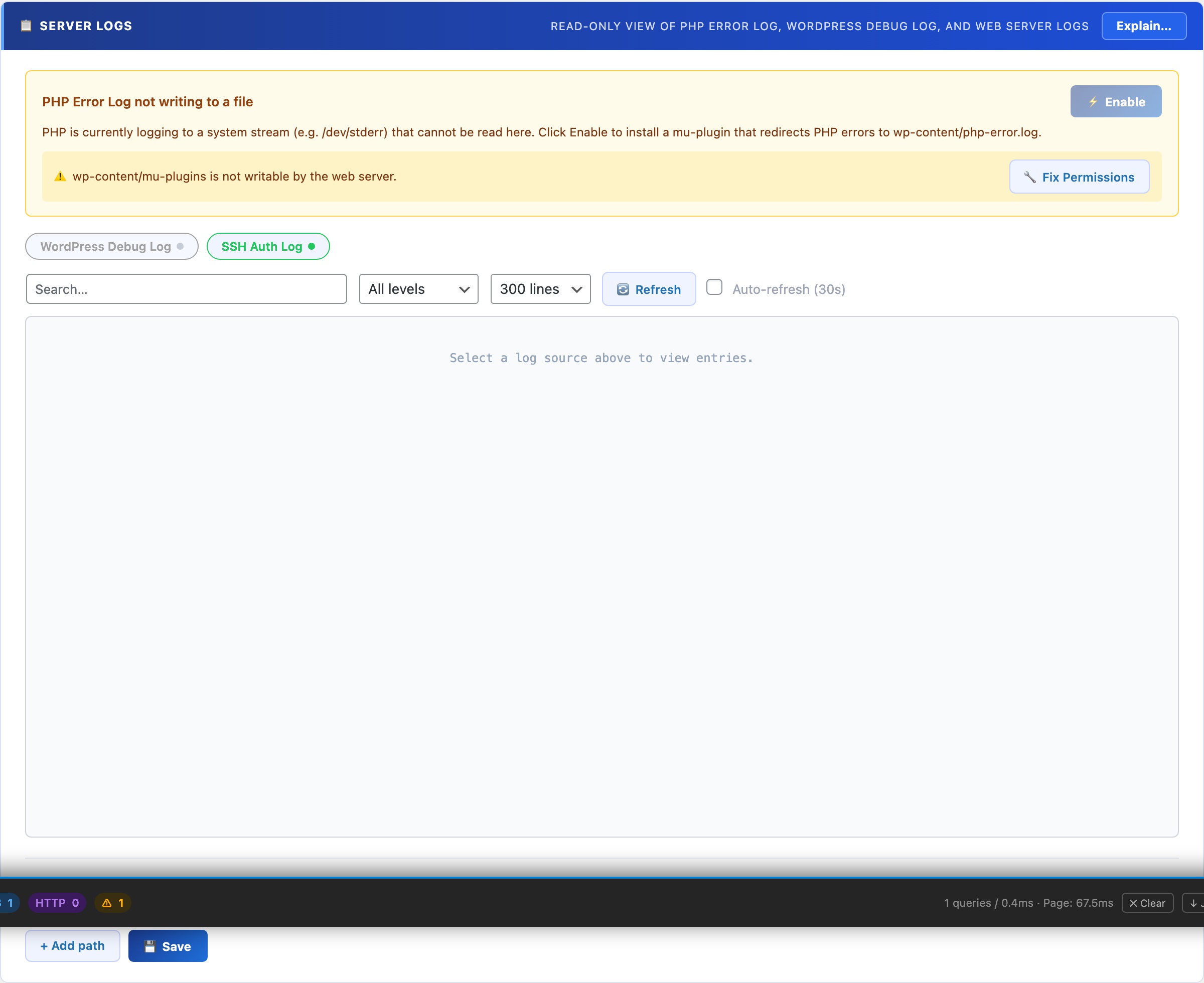 WordPress server log viewer for PHP error logs, debug logs, and web server logs without SSH access