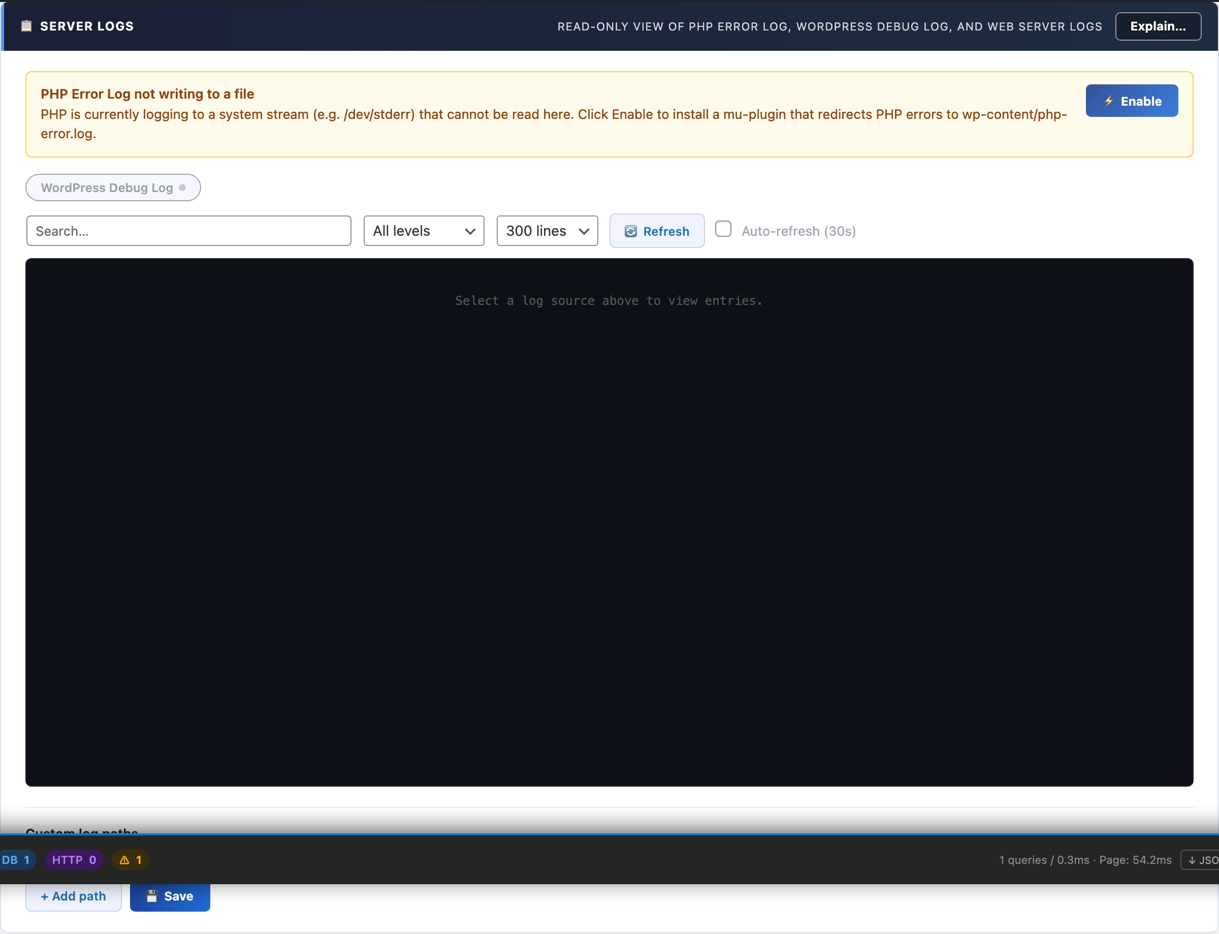 WordPress server log viewer — PHP error logs, debug logs, and web server logs without SSH access