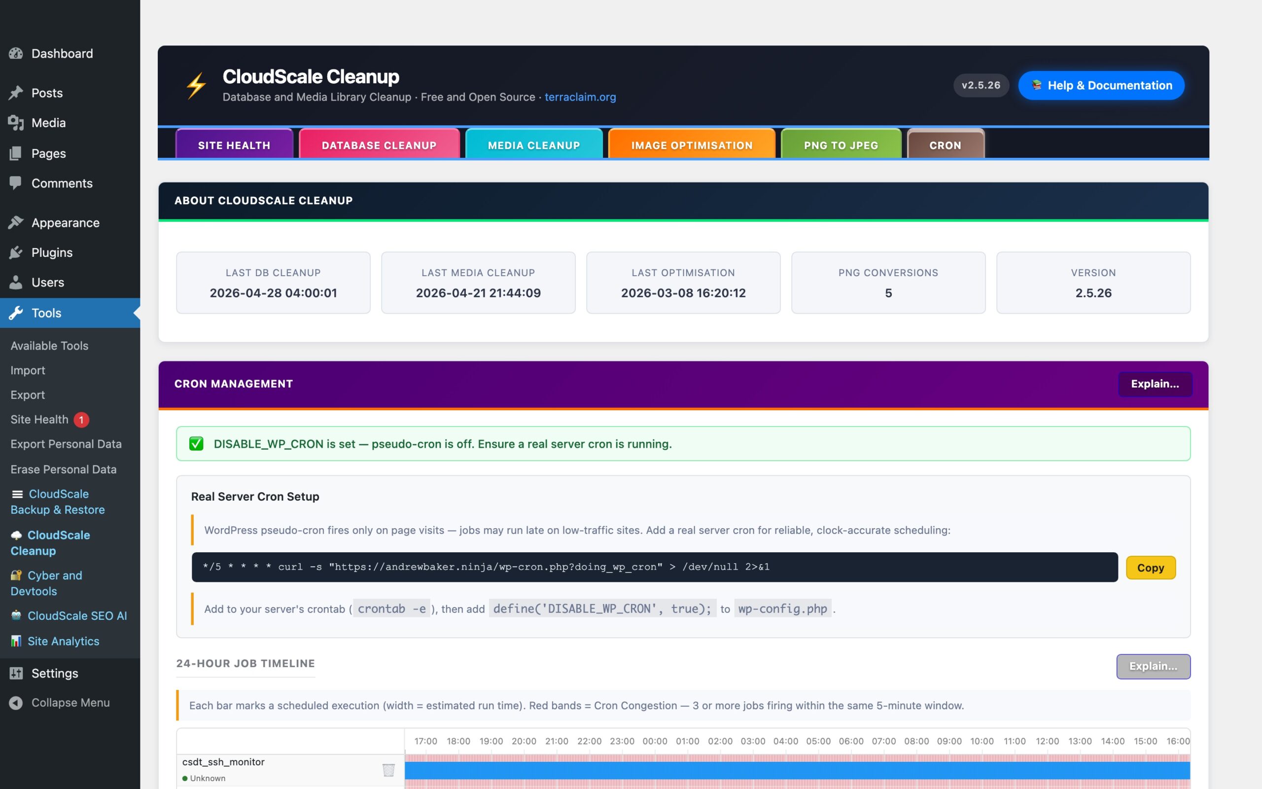 CloudScale Cleanup — Free WordPress Database Cleaner, Image Optimizer & Cron Manager — Cron feature screenshot