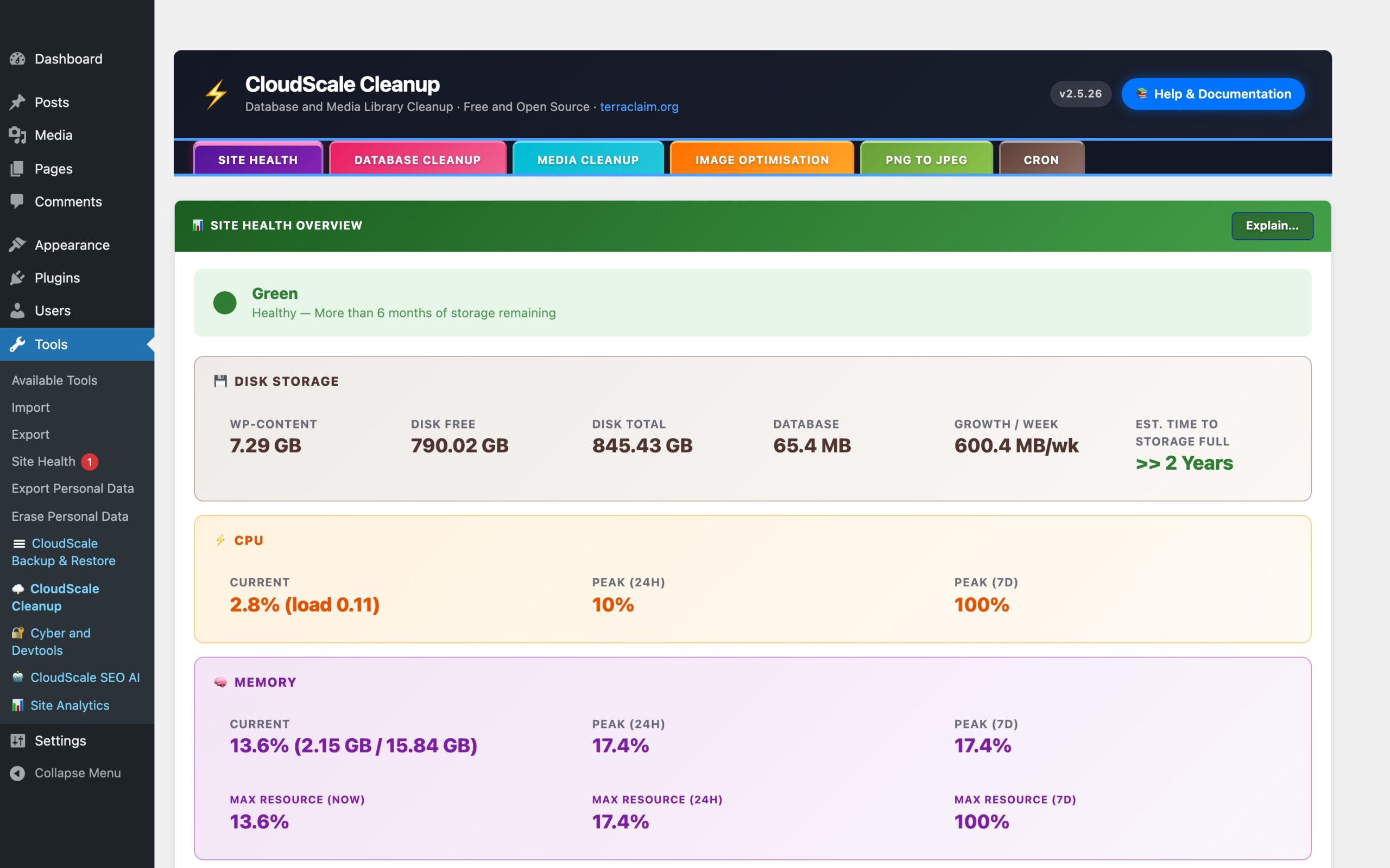 CloudScale Cleanup — Free WordPress Database Cleaner, Image Optimizer & Cron Manager — Site Health feature screenshot