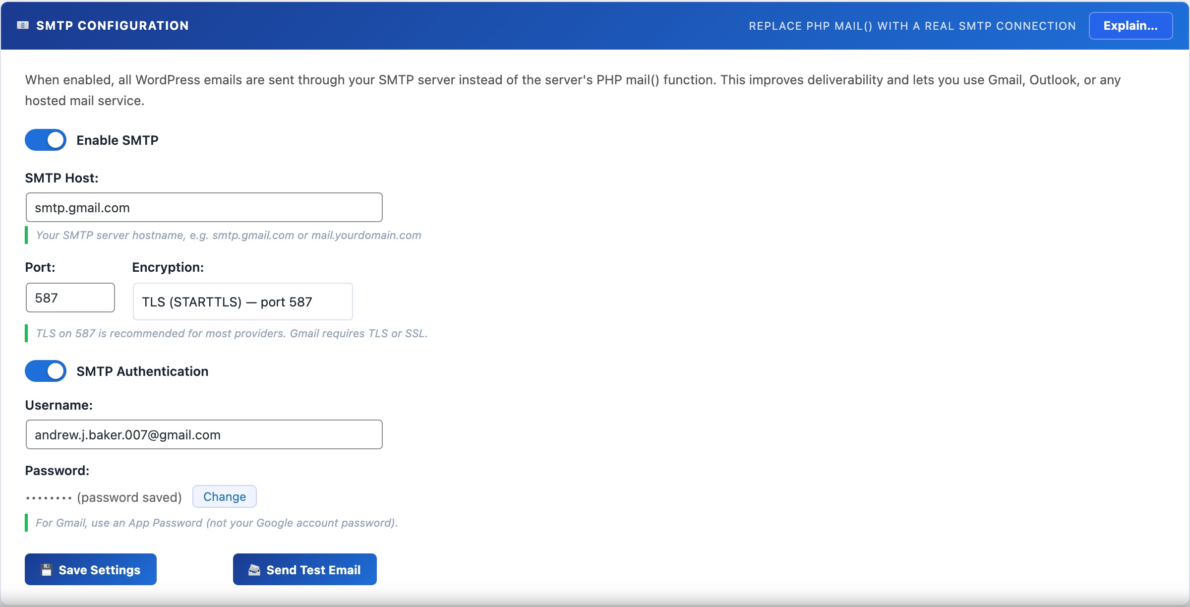 WordPress SMTP mailer settings replacing PHP mail with authenticated Gmail Outlook or Mailgun delivery