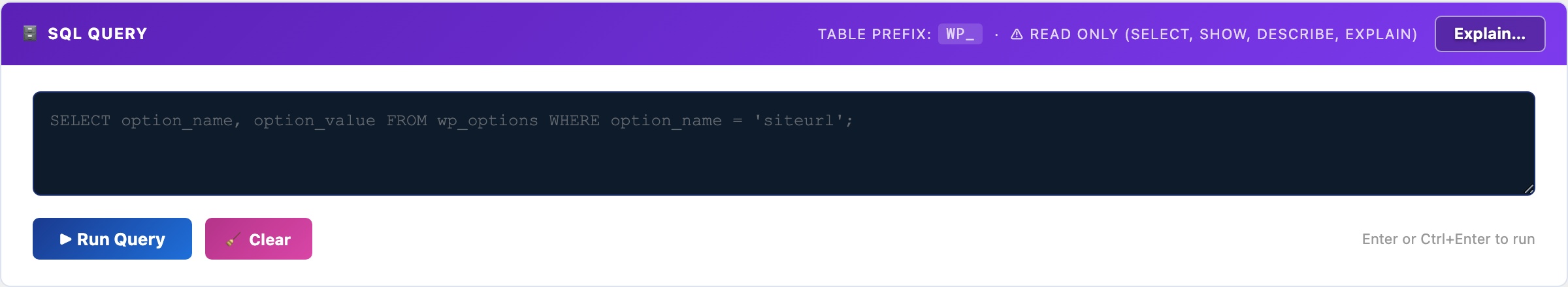 WordPress read-only SQL query tool — safe database inspection inside wp-admin without phpMyAdmin