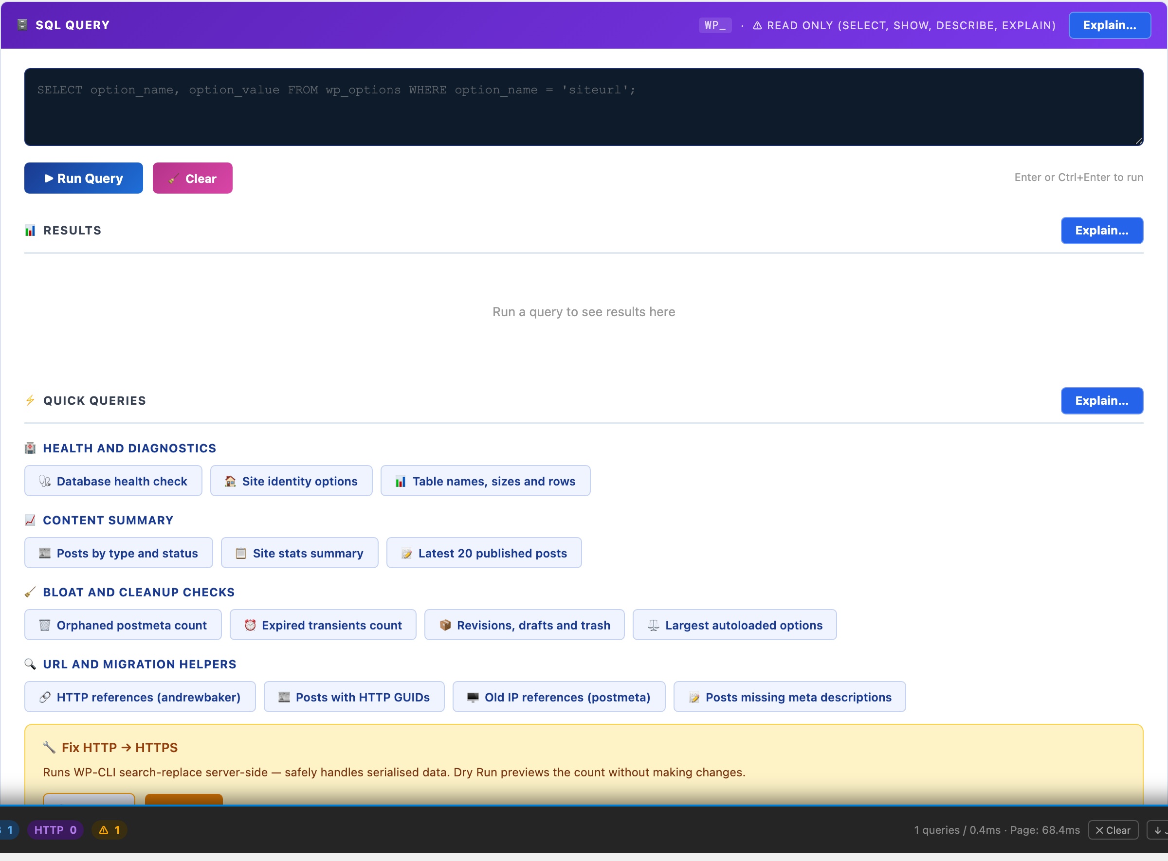 WordPress read-only SQL query tool for safe database inspection inside wp-admin without phpMyAdmin