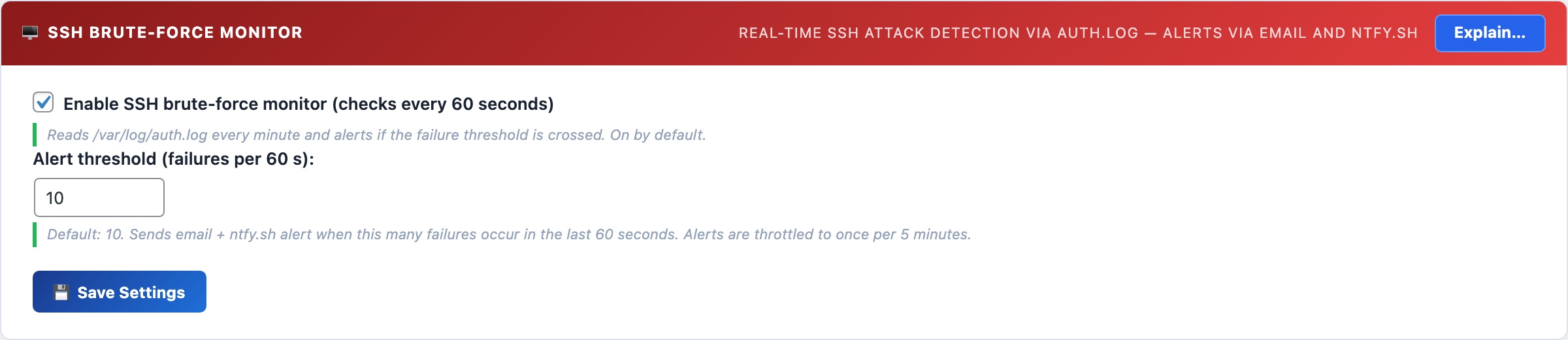 WordPress SSH brute force monitor reading auth.log with email and ntfy.sh push notifications