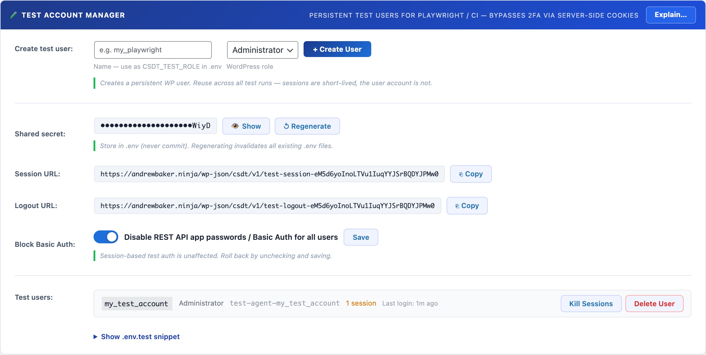 WordPress Playwright test account manager showing shared secret session API and test user list with active sessions