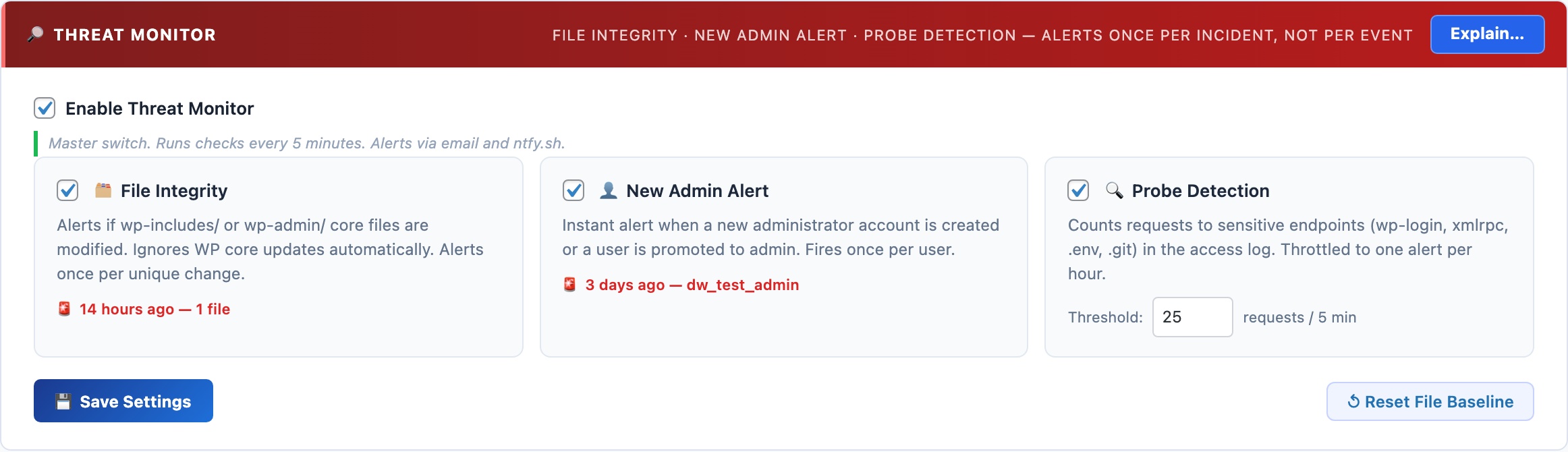 WordPress threat monitor showing file integrity checking, new admin alerts, and web probe detection