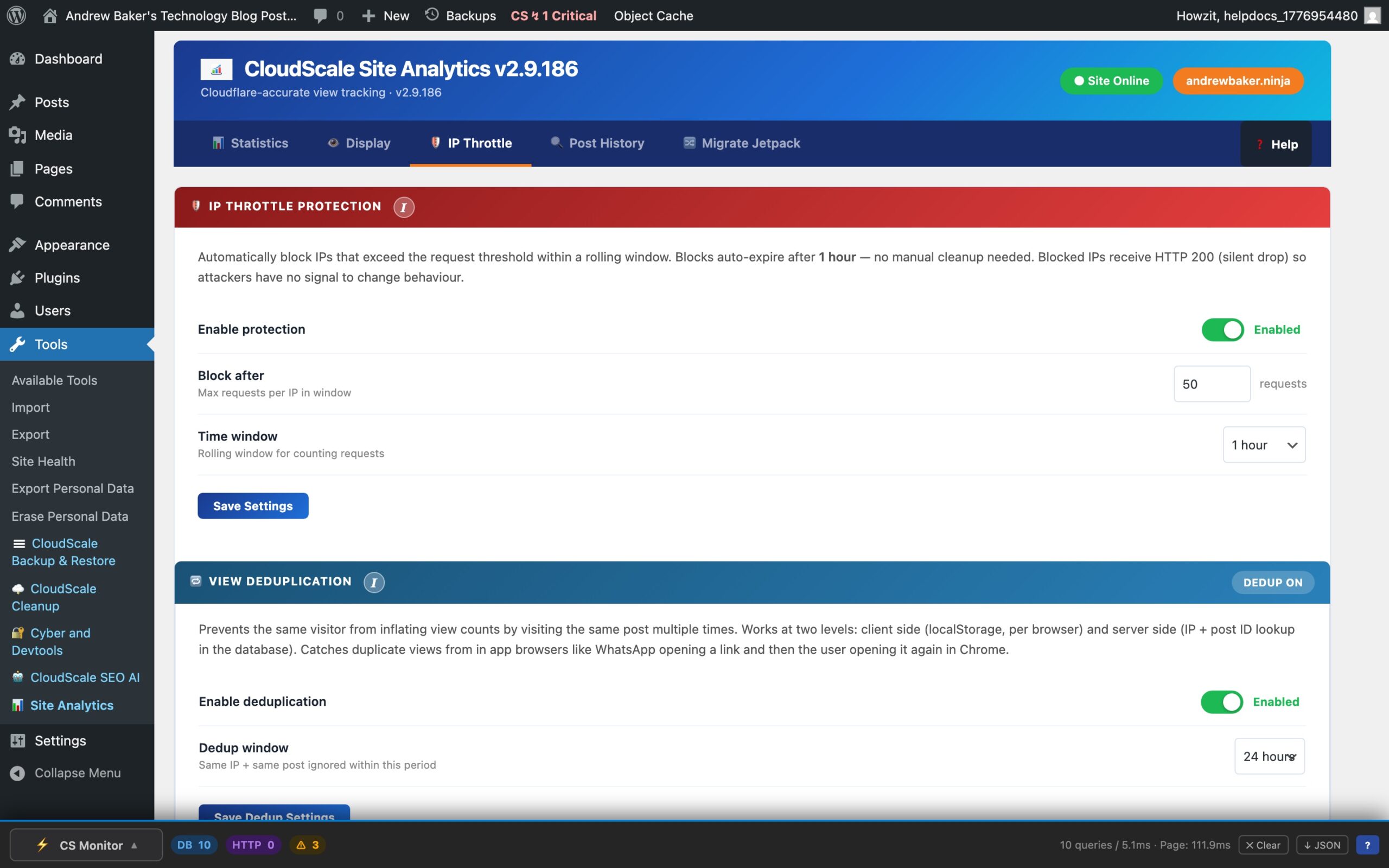 CloudScale Site Analytics — Free Privacy-First WordPress Analytics That Works Behind Cloudflare & Any CDN — IP Throttle feature screenshot