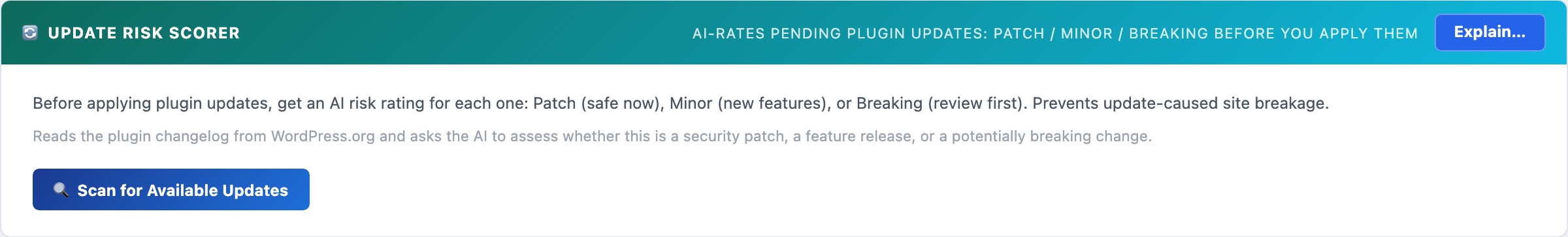 WordPress AI update risk scorer rating pending plugin updates as Patch, Minor or Breaking before applying them