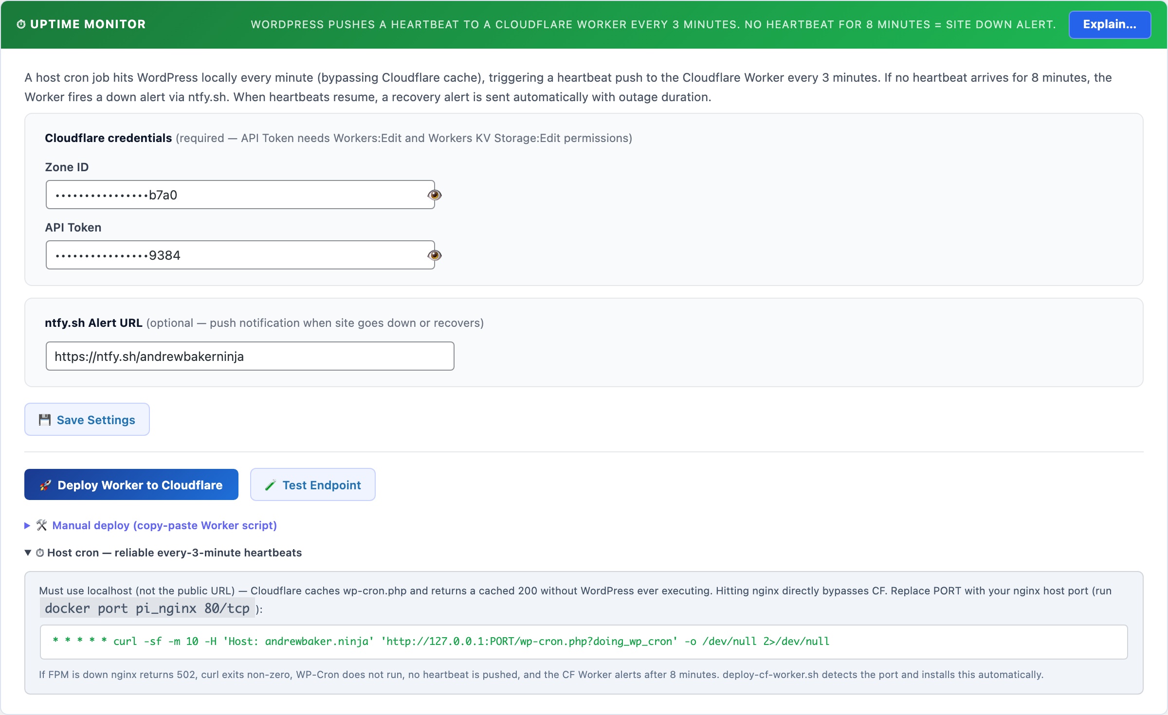 WordPress Cloudflare uptime monitor showing deep readiness probe with database and PHP-FPM health checks
