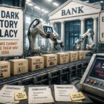 Futuristic dark bank interior with glowing AI and automation technology