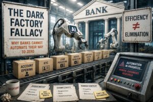 Futuristic dark bank interior with glowing AI and automation technology