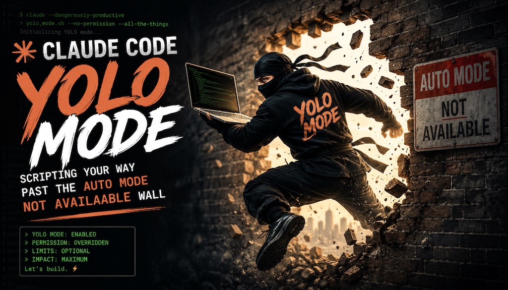 Claude Code terminal interface showing YOLO auto mode scripting workaround