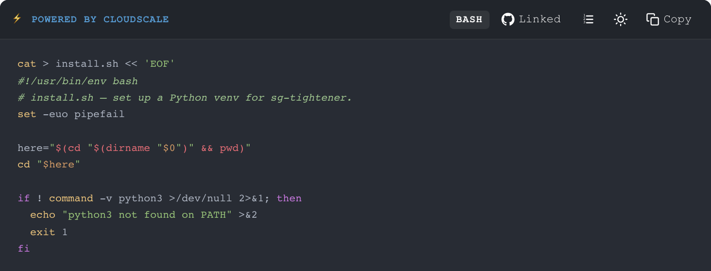 Frontend rendering of a GitHub-linked CloudScale Code Block: syntax-highlighted code with a green Linked button and BASH language pill in the toolbar