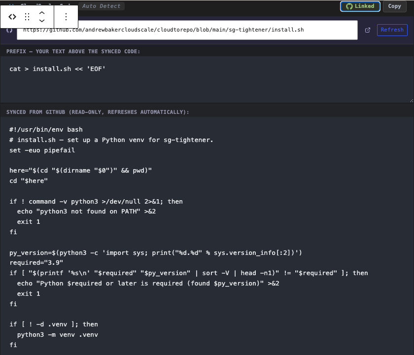 Split-view editor in Gutenberg: editable Prefix textarea on top, read-only Synced-from-GitHub body in the middle, editable Suffix textarea at the bottom, URL header with Refresh button