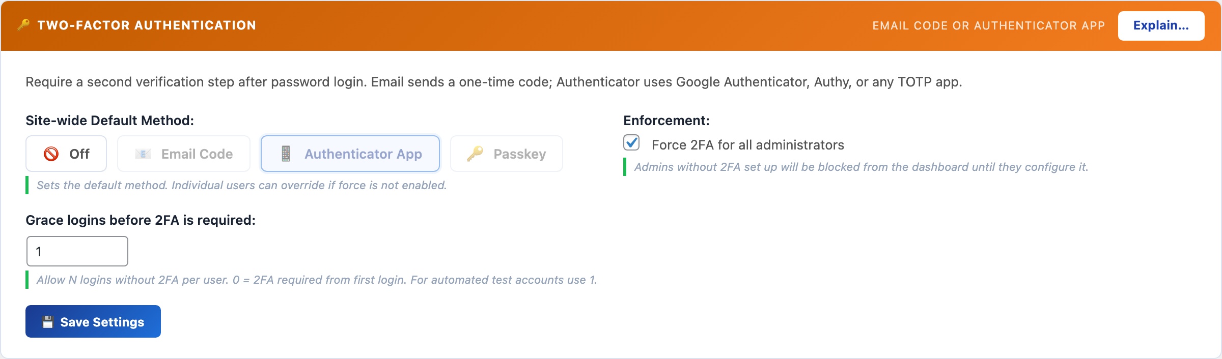 WordPress two-factor authentication settings with email OTP, TOTP authenticator app, and passkeys