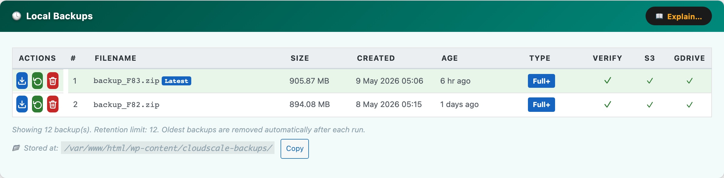 CloudScale Backup & Restore — Free WordPress Backup Plugin with One-Click Restore & Cloud Sync — Local Backup History feature screenshot
