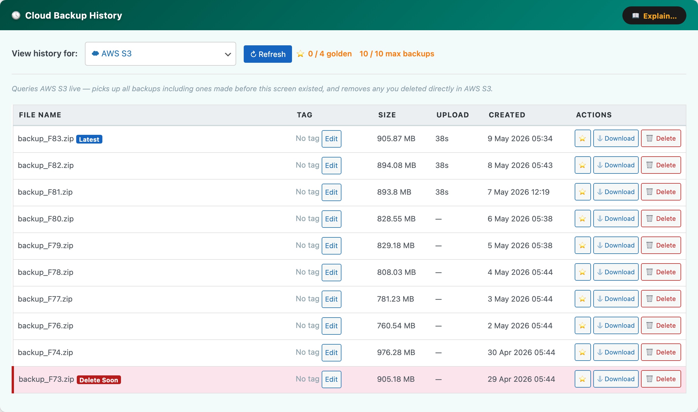 CloudScale Backup & Restore — Free WordPress Backup Plugin with One-Click Restore & Cloud Sync — Cloud Backup History feature screenshot