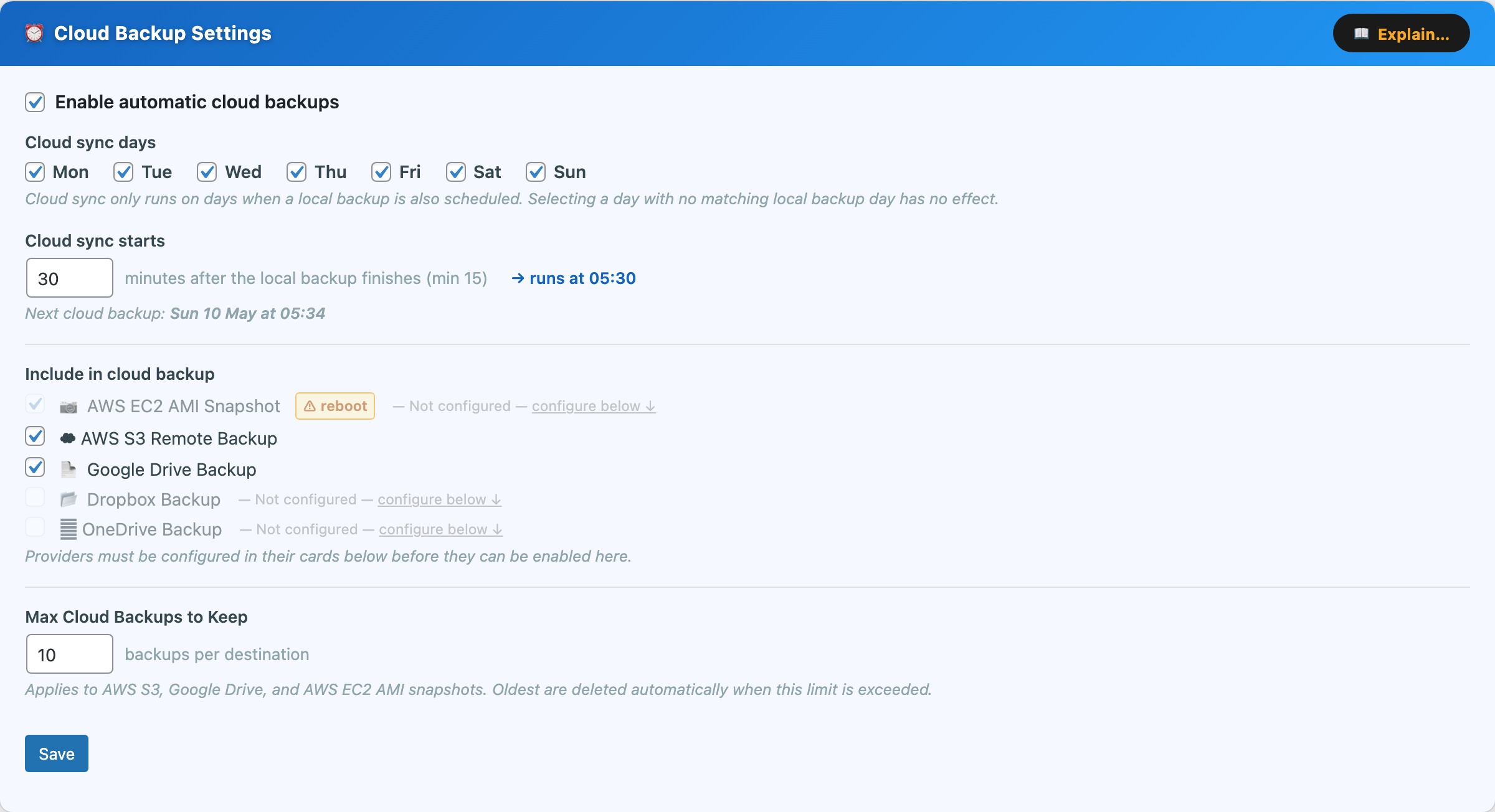 CloudScale Backup & Restore — Free WordPress Backup Plugin with One-Click Restore & Cloud Sync — Cloud Backup Settings feature screenshot