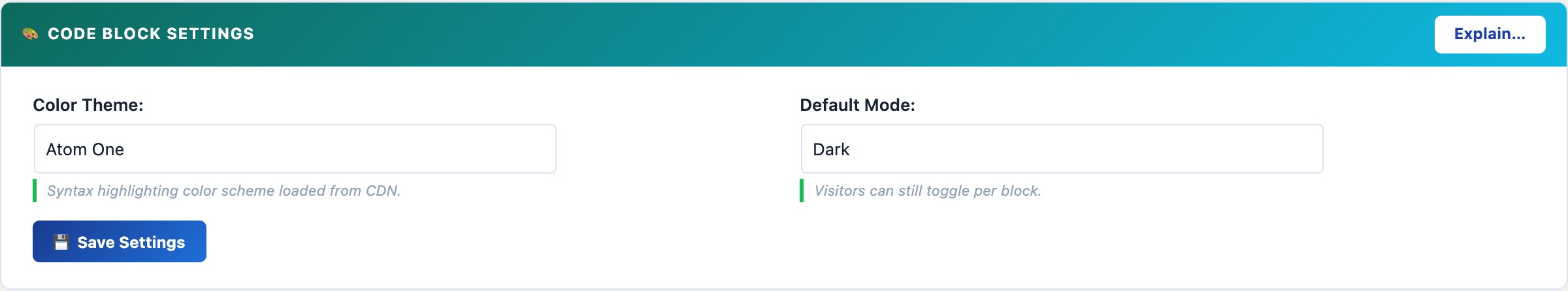 WordPress syntax-highlighted code block settings with 190 languages, 14 themes, no CDN, completely free