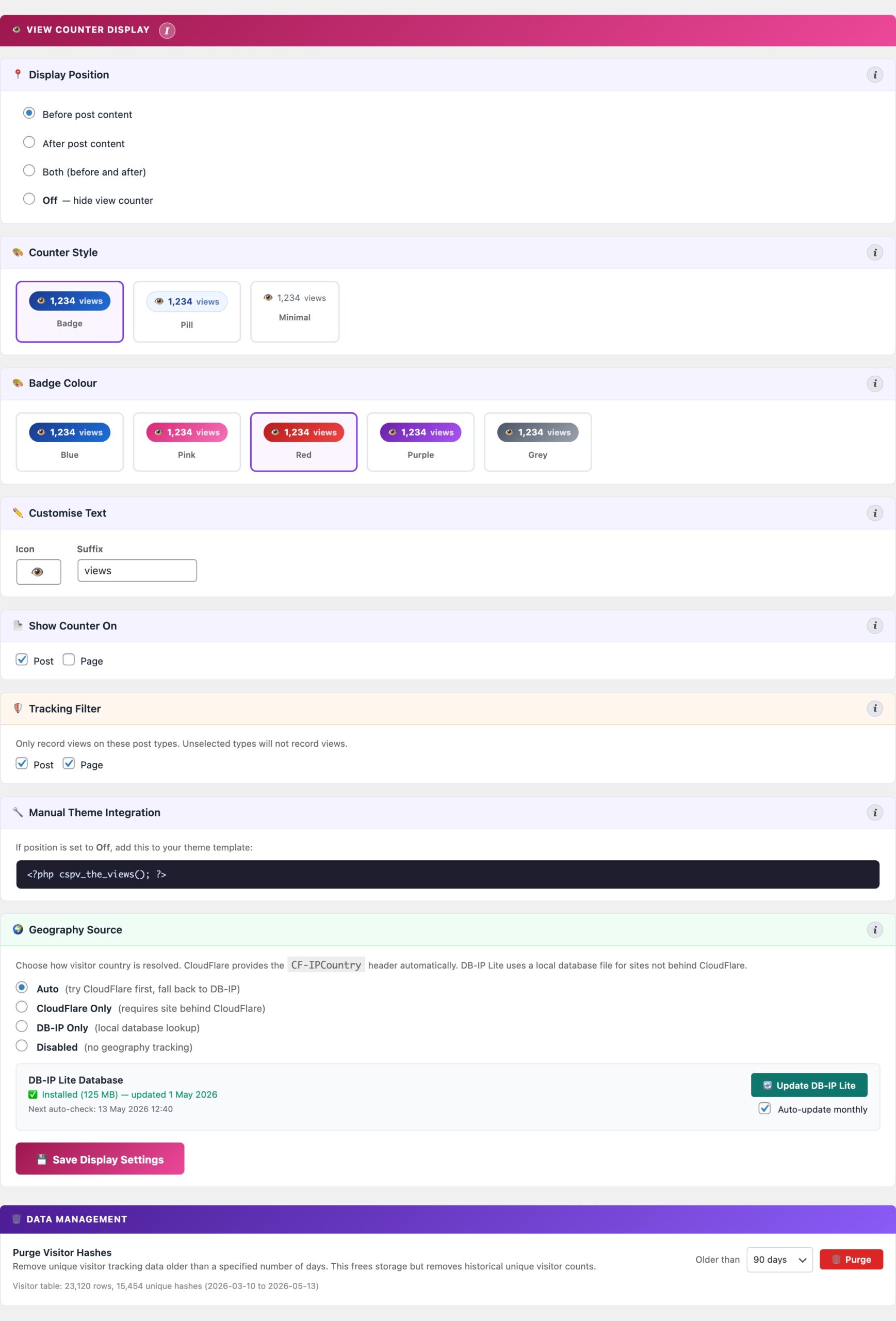CloudScale Site Analytics — Free Privacy-First WordPress Analytics Plugin — Display Settings feature screenshot