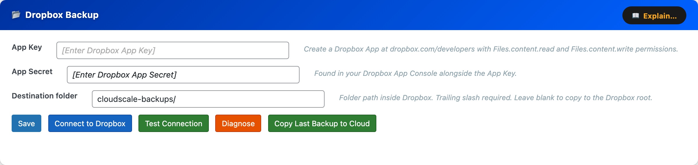 CloudScale Backup & Restore — Free WordPress Backup Plugin with One-Click Restore & Cloud Sync — Dropbox feature screenshot
