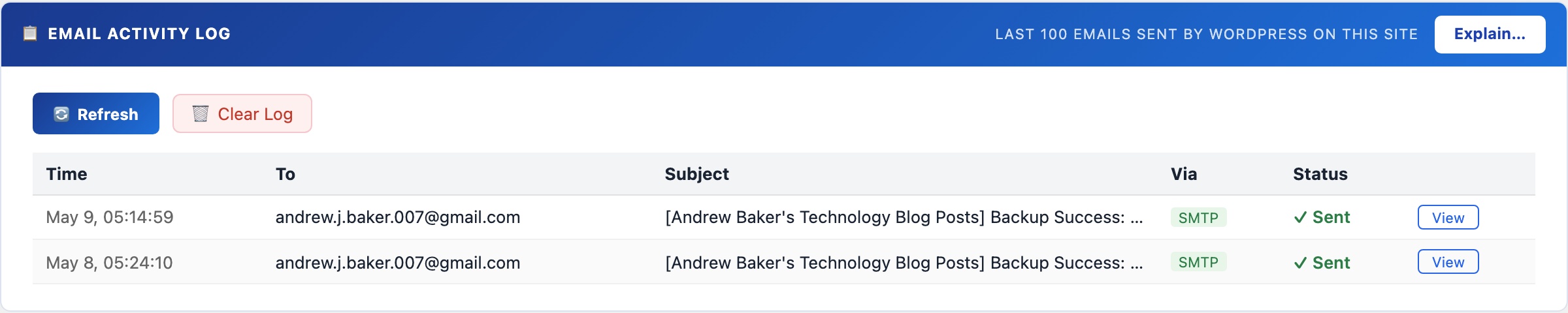 WordPress email activity log showing all sent emails with subject, recipient and delivery status in admin