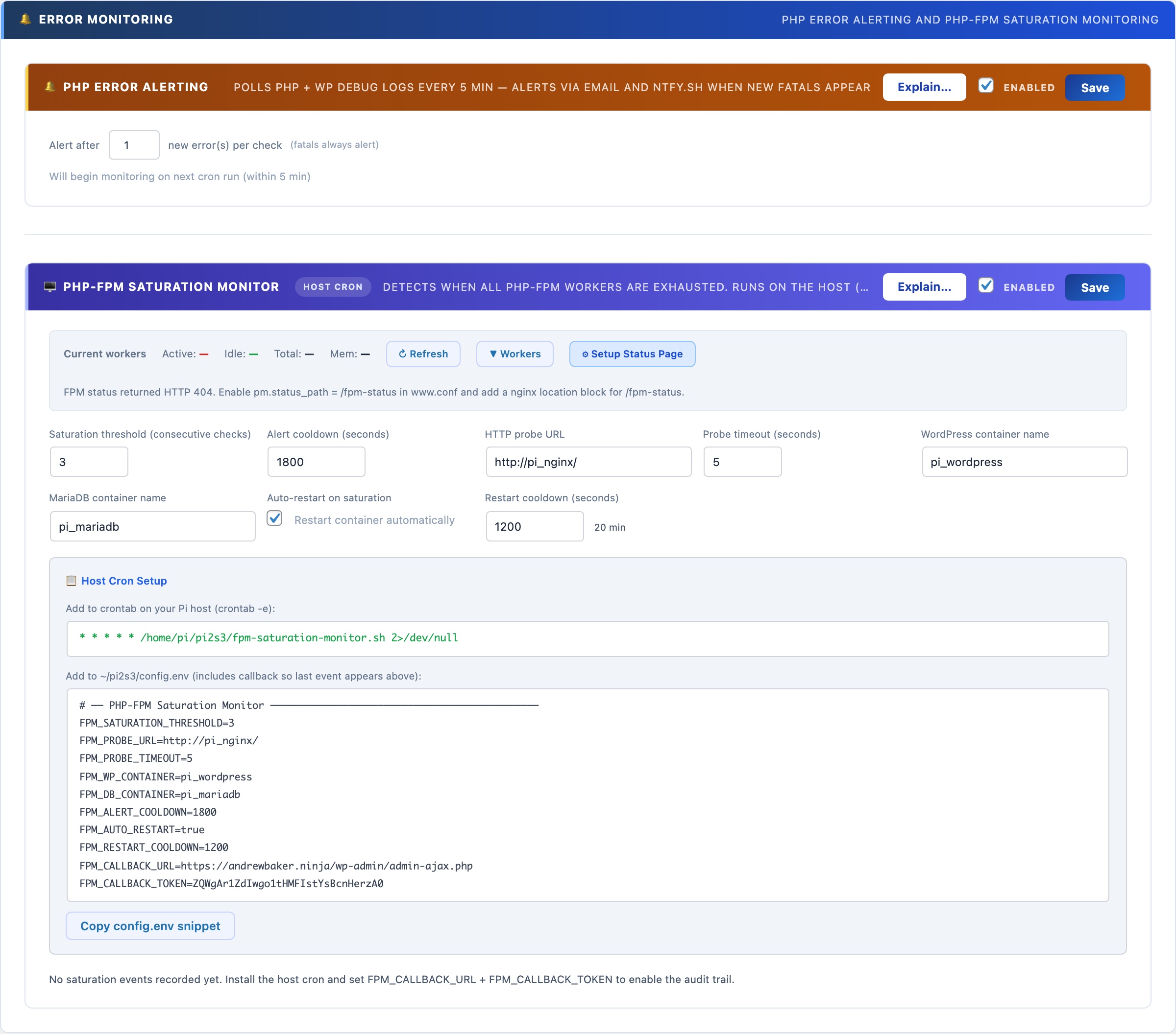 PHP-FPM saturation monitor showing live worker counts and memory usage with auto-restart and ntfy alerts