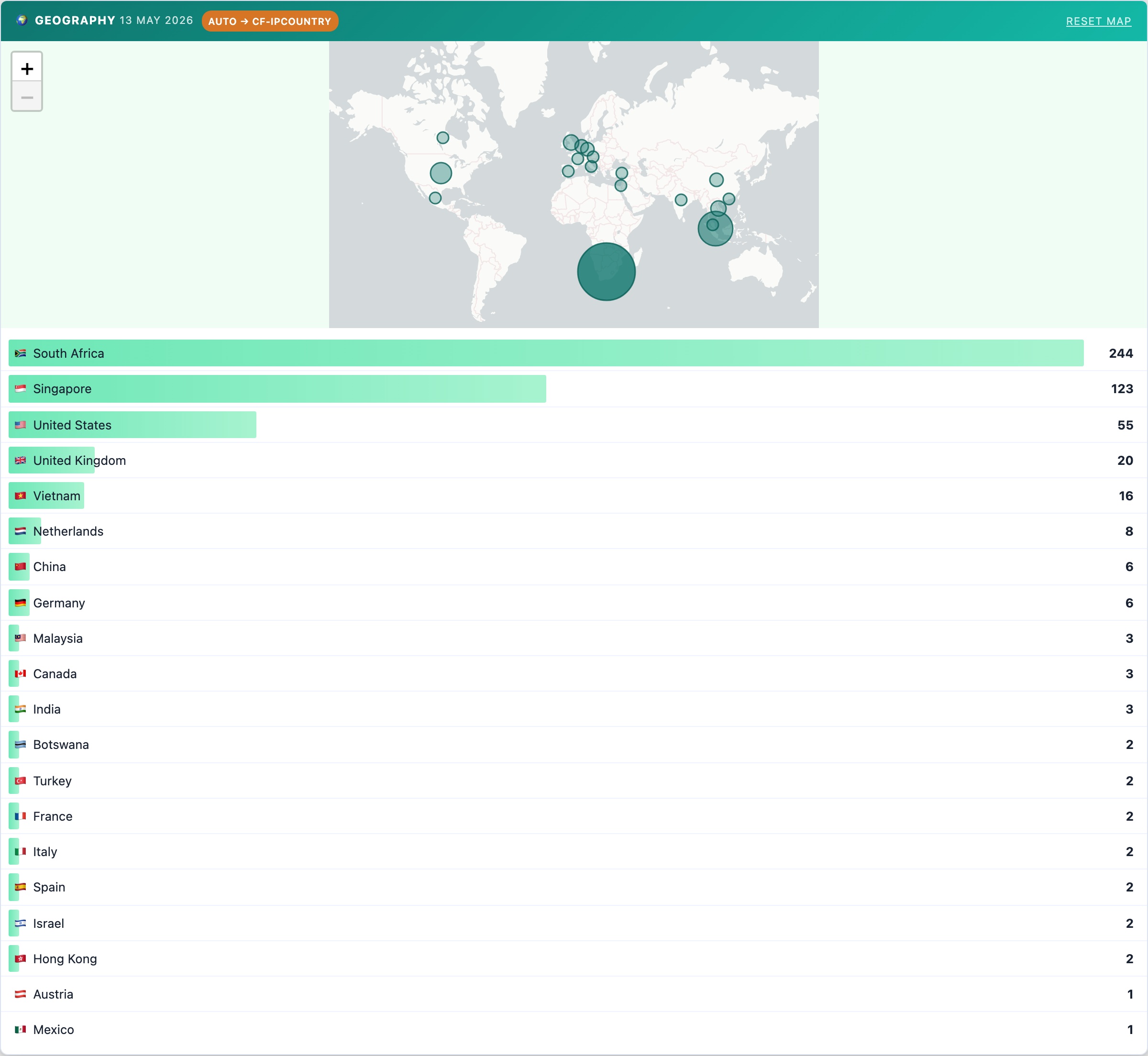 CloudScale Site Analytics — Free Privacy-First WordPress Analytics Plugin — Geography feature screenshot